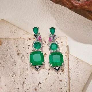 Vivid Green Emerald and Pink Ruby Multi-Stone Drop Earrings
