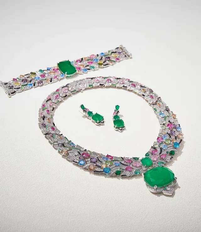Vivid Green Emerald and Pink Ruby Multi-Stone Drop Earrings 2