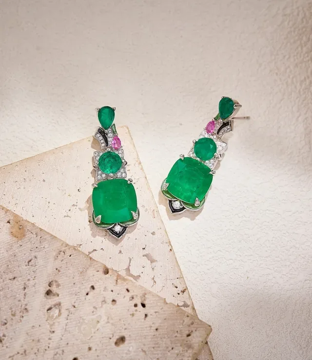 Vivid Green Emerald and Pink Ruby Multi-Stone Drop Earrings 3