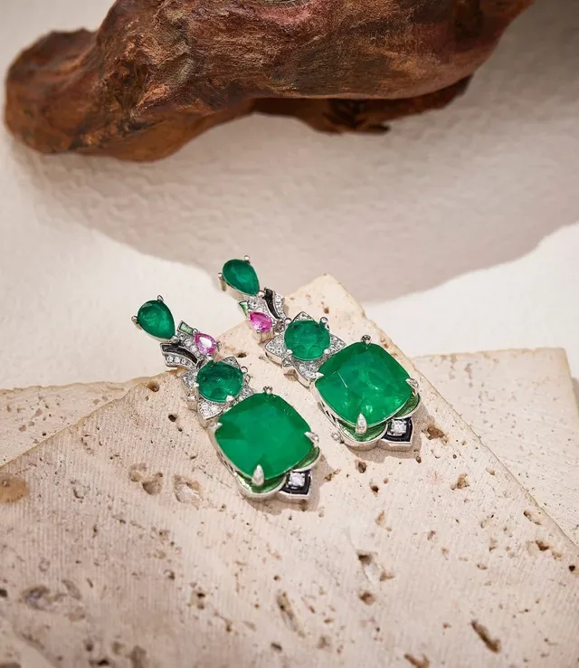 Vivid Green Emerald and Pink Ruby Multi-Stone Drop Earrings 5