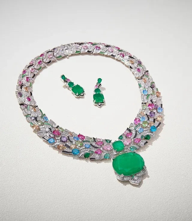 Vivid Green Emerald and Pink Ruby Multi-Stone Drop Earrings 6