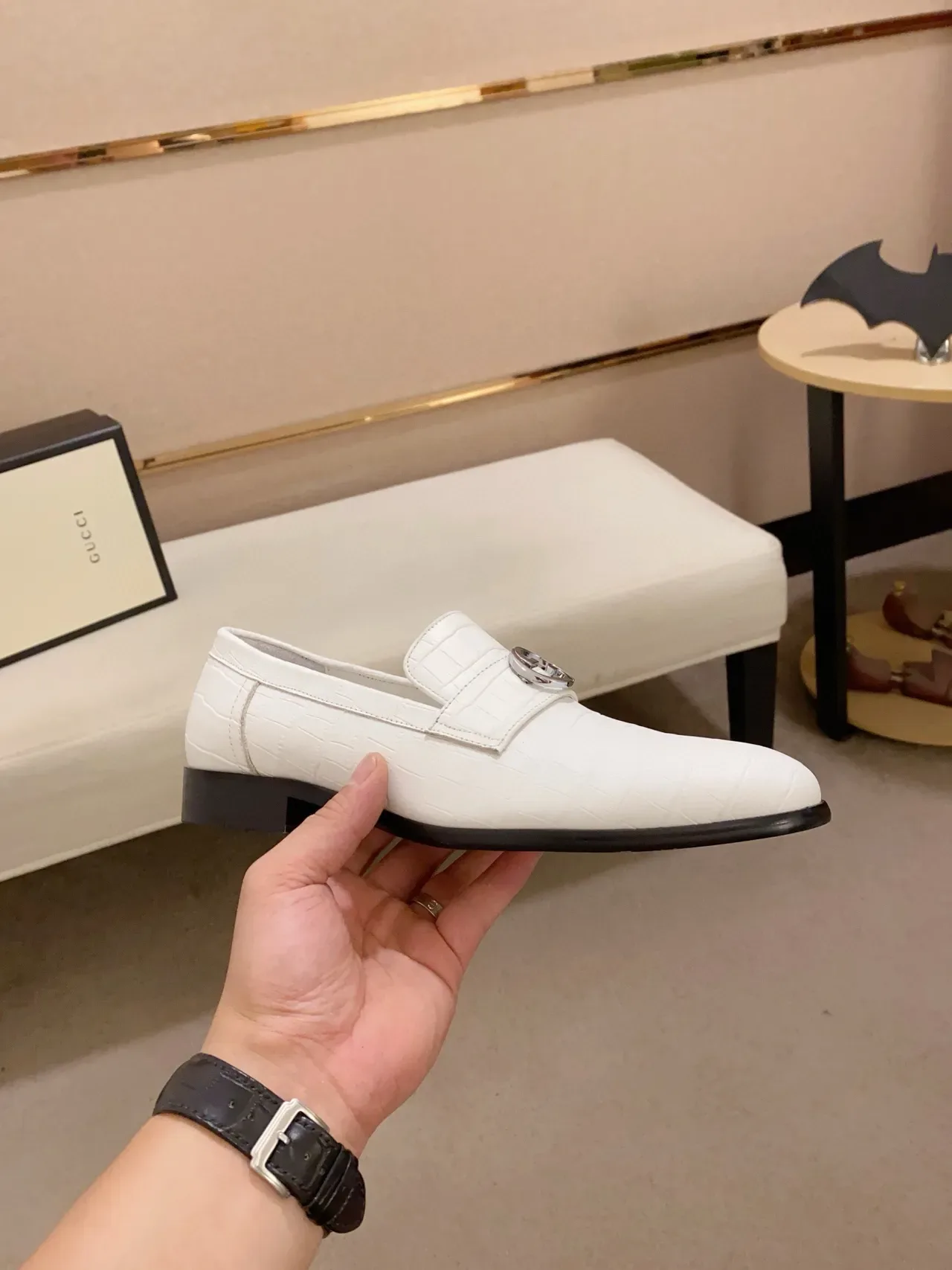 White Black Croc-Embossed Leather Metal-Accented Strap Loafer 4