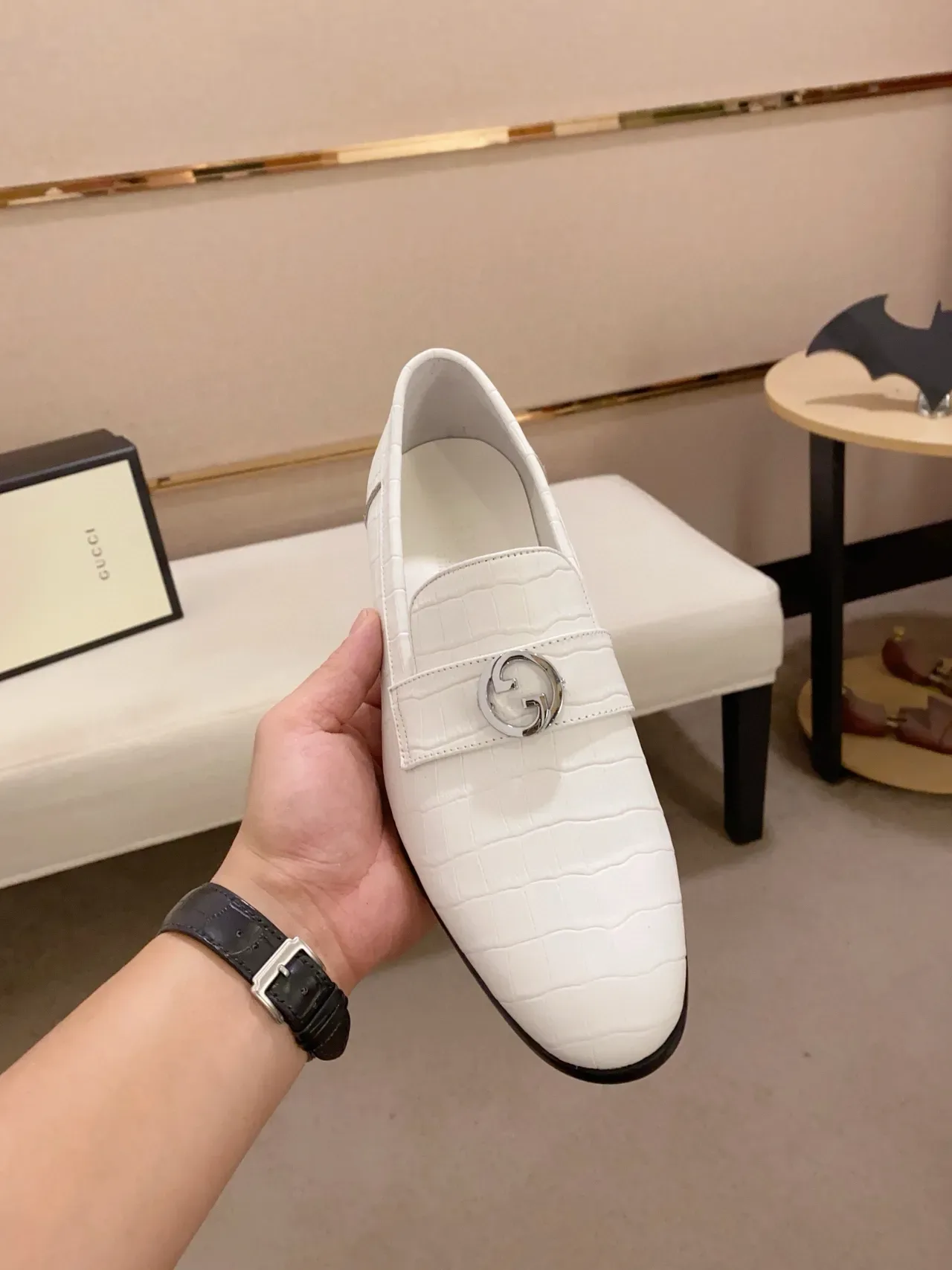 White Black Croc-Embossed Leather Metal-Accented Strap Loafer 5