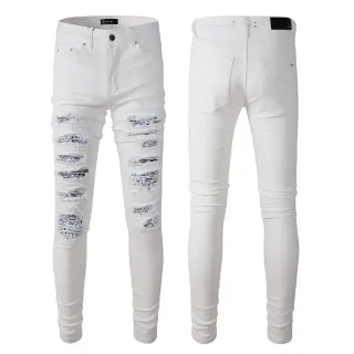 White Black Distressed Slim-Fit Jeans