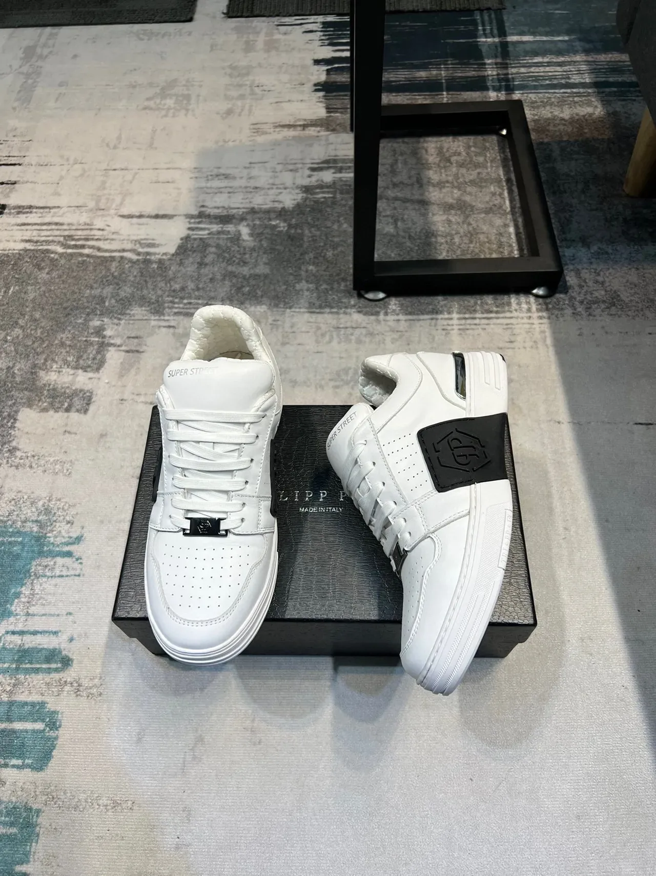 White Black Leather-Like Upper Perforated Toe Box Sneakers 7