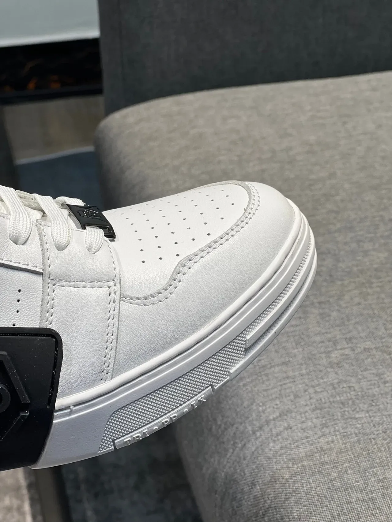 White Black Leather-Like Upper Perforated Toe Box Sneakers 8