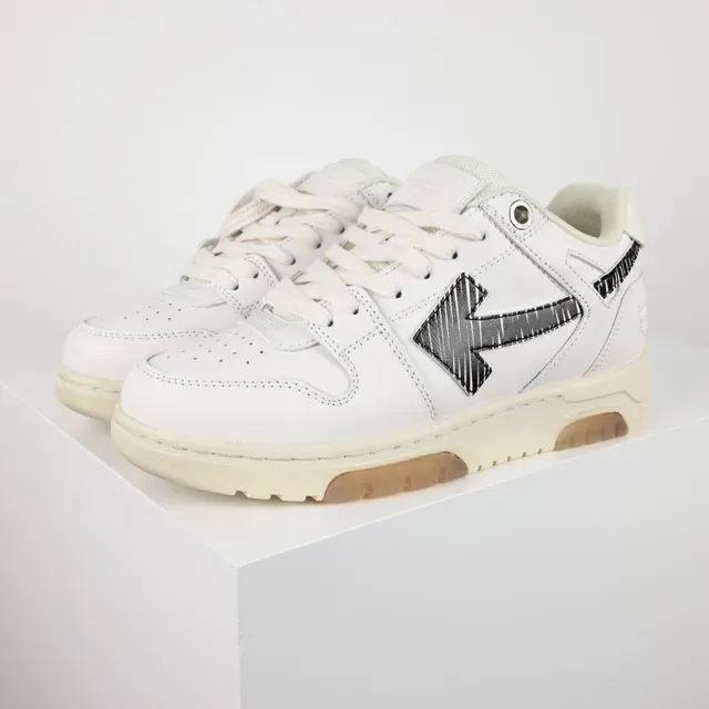 White Black Leather Upper Stitched Arrow Graphic Sneakers 2