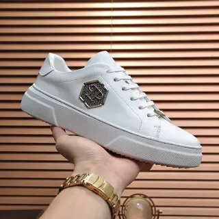 White Gold Leather-Like Upper Hexagonal Metal Plaque Lifestyle Sneakers