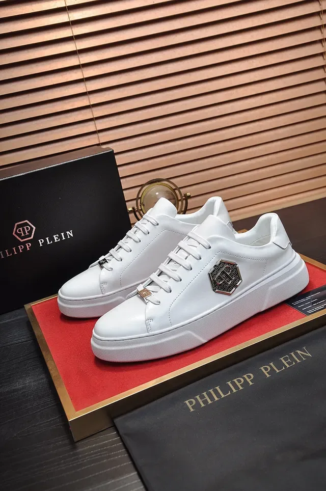 White Gold Leather-Like Upper Hexagonal Metal Plaque Lifestyle Sneakers 8