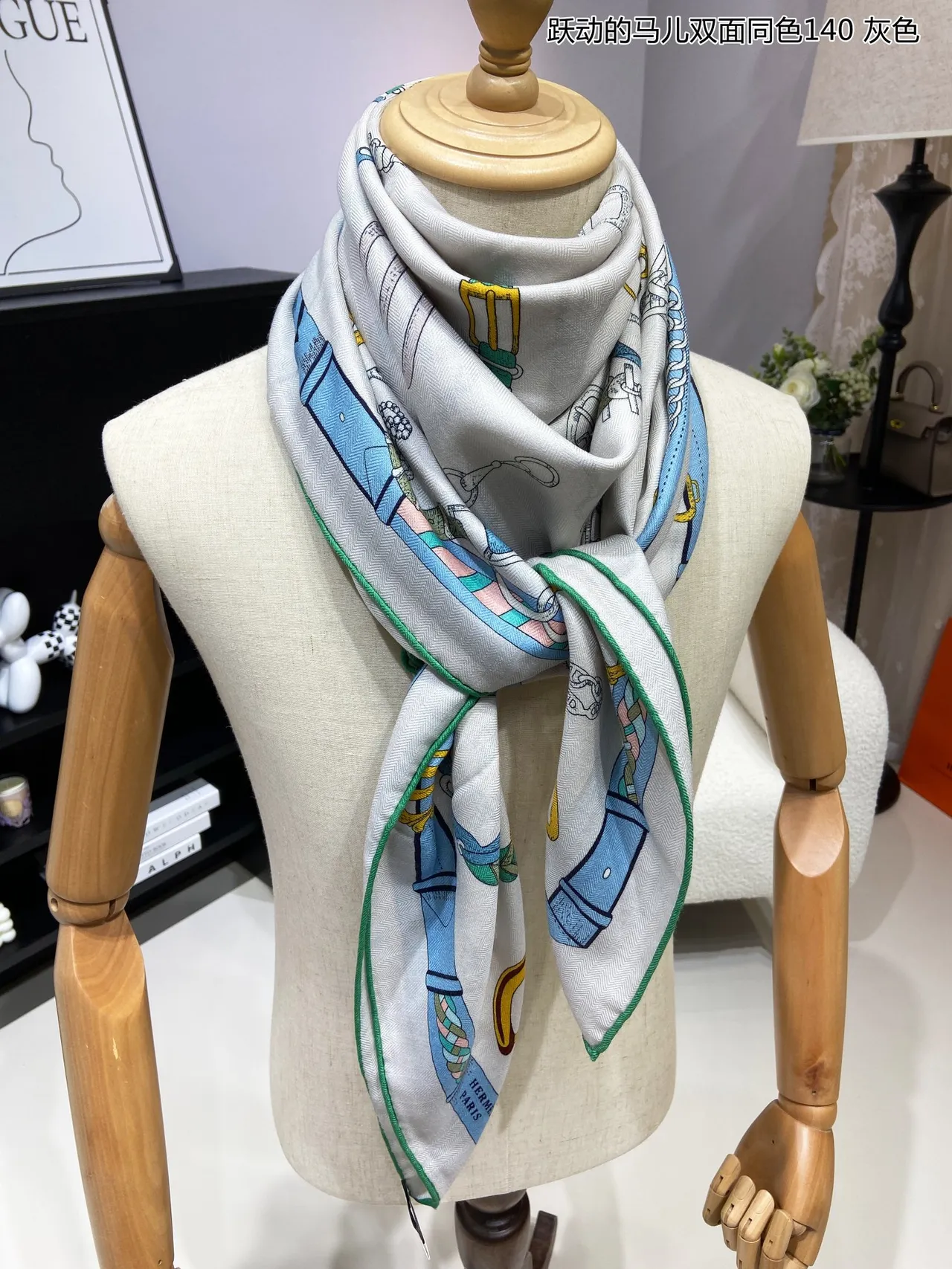 White Green Printed Equestrian Motif Rolled Hem Silk Scarf 4