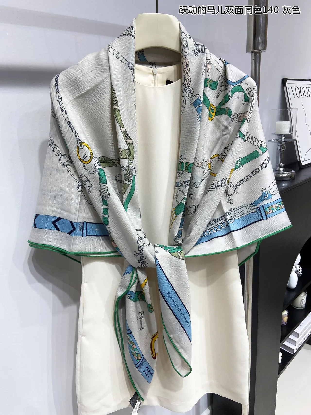 White Green Printed Equestrian Motif Rolled Hem Silk Scarf 5