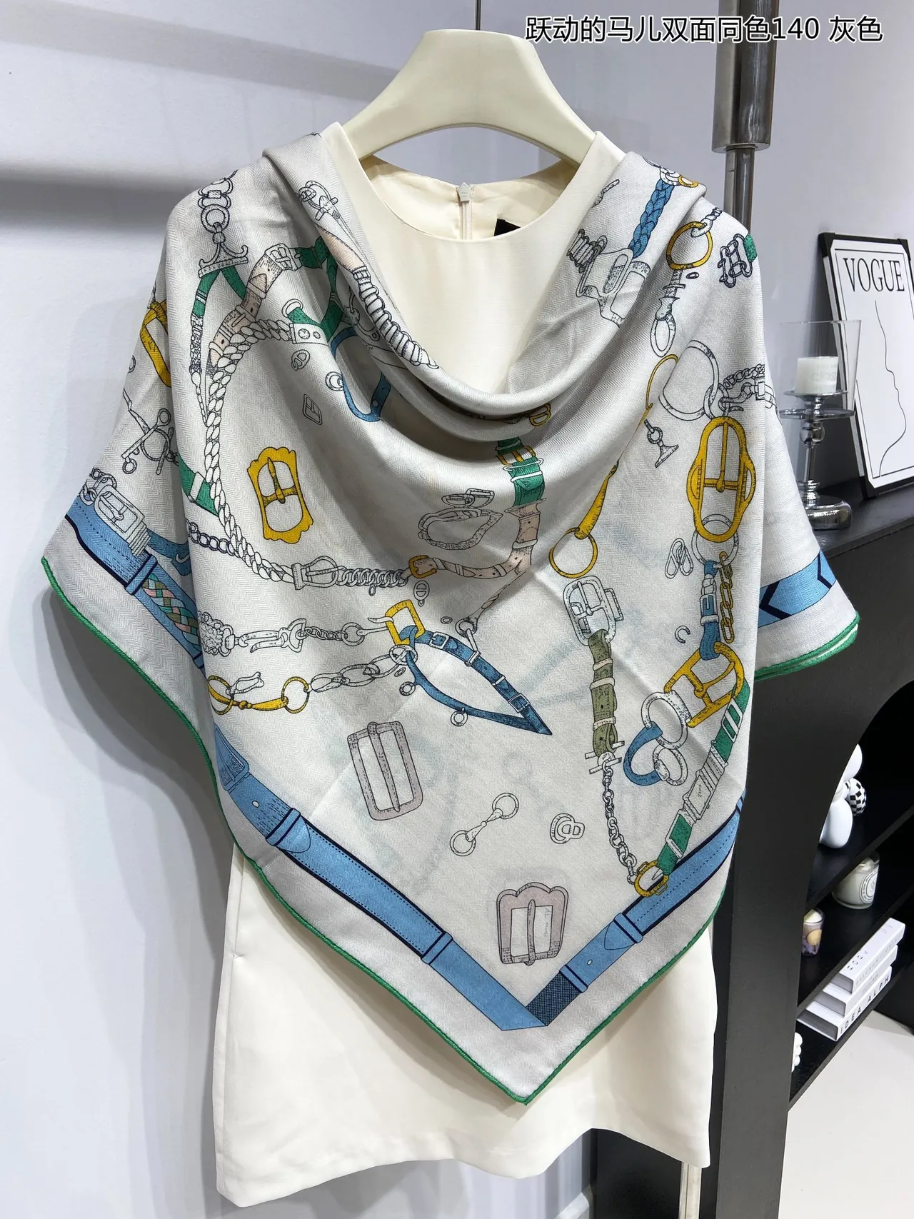 White Green Printed Equestrian Motif Rolled Hem Silk Scarf 6