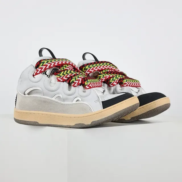 White Multicolor Perforated Side Panels Wide Woven Zigzag Laces Sneakers 3