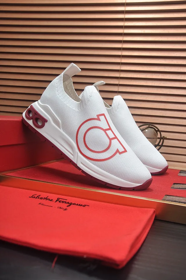 White Red Slip-On Sock-Fit Knit Upper Oversized Graphic Logo Sneakers 3