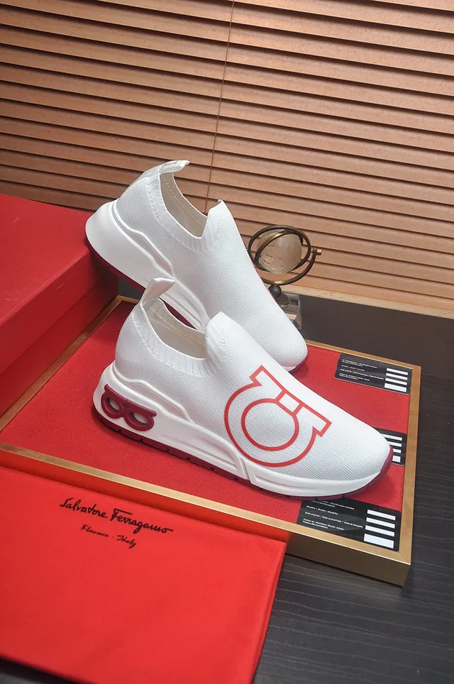 White Red Slip-On Sock-Fit Knit Upper Oversized Graphic Logo Sneakers 6