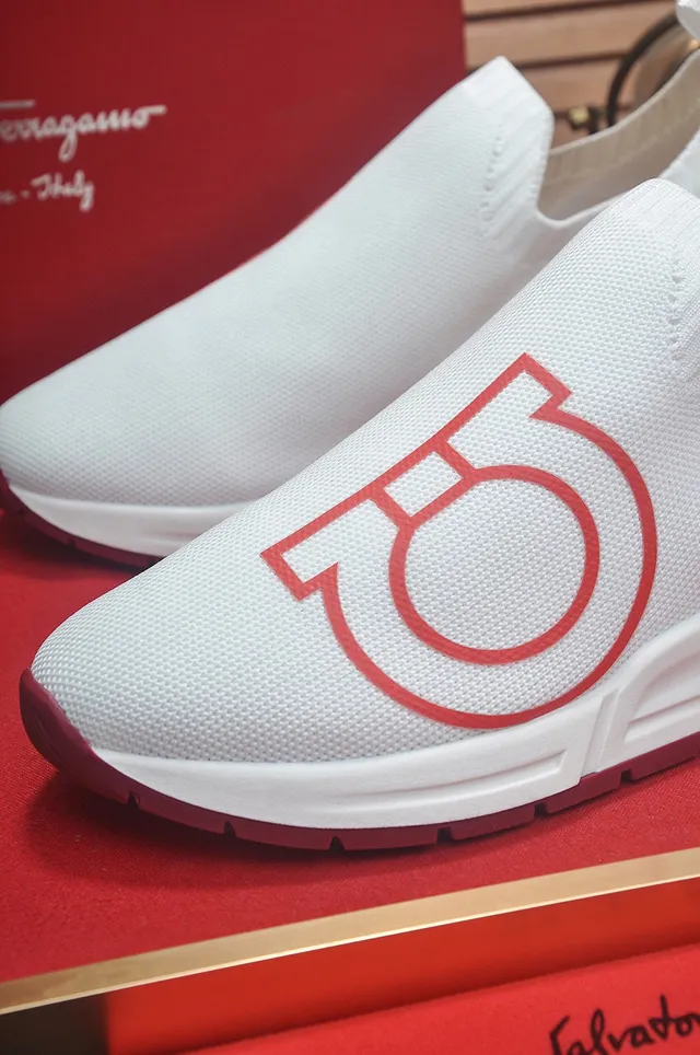 White Red Slip-On Sock-Fit Knit Upper Oversized Graphic Logo Sneakers 8