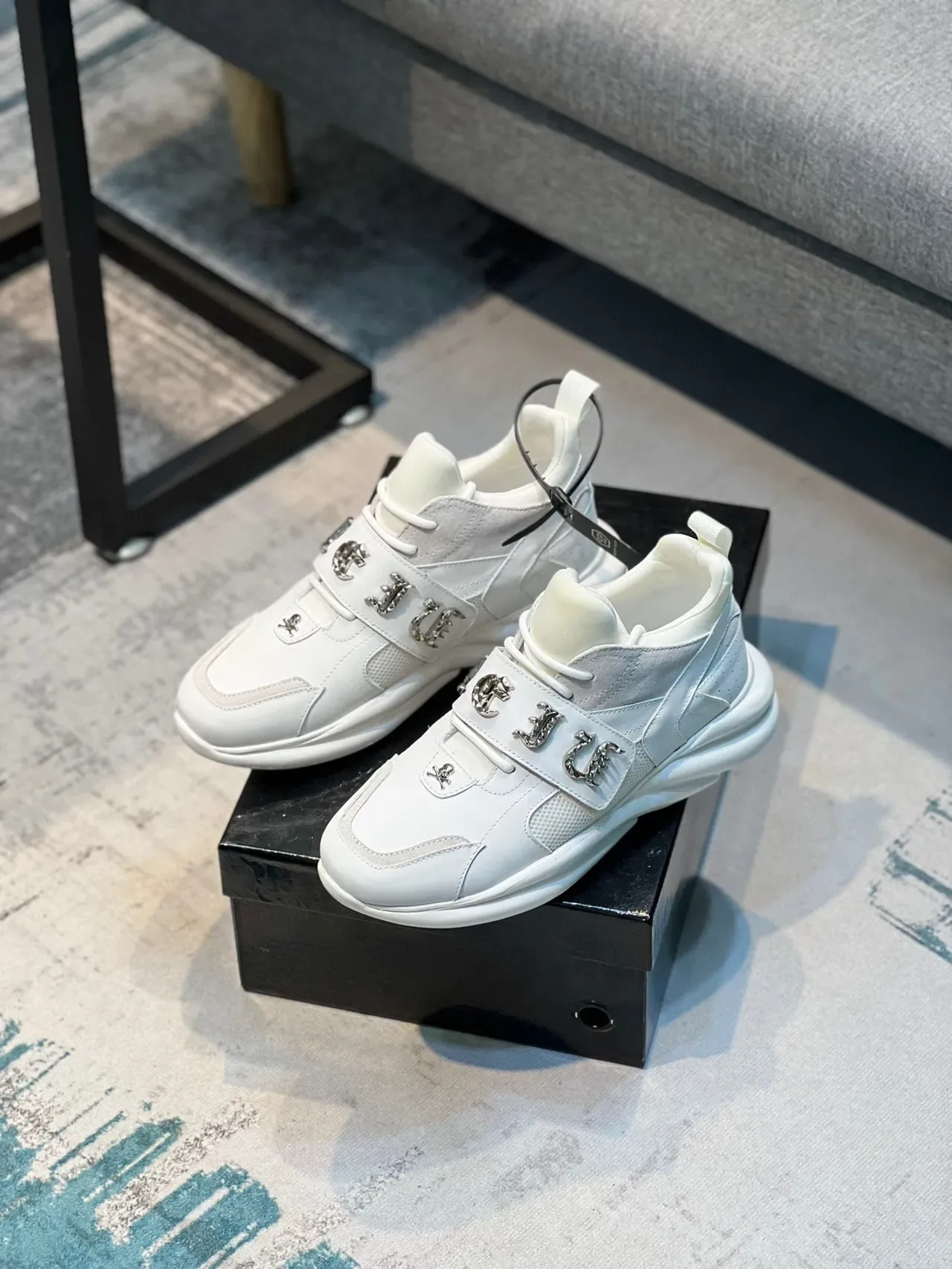 White Silver Chunky Sole Multi-Panel Upper Sneakers 7