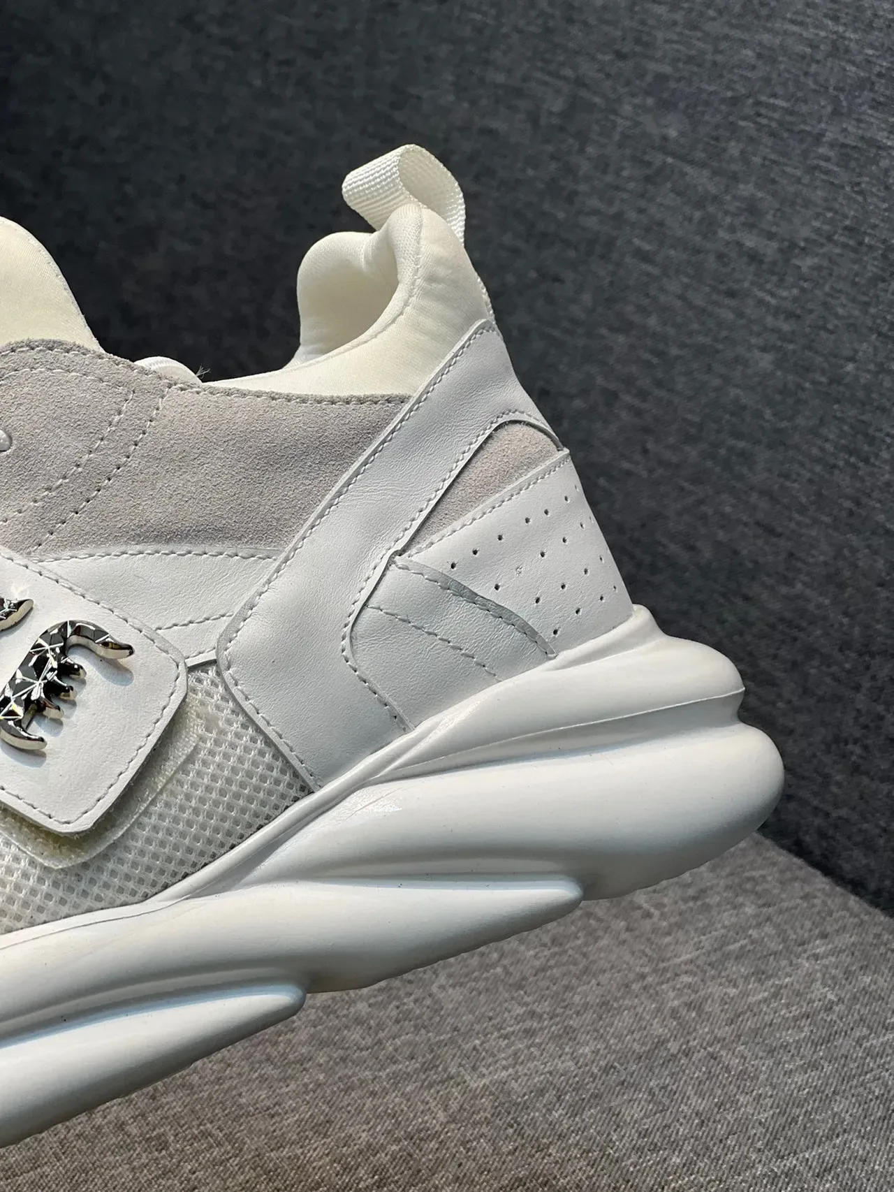 White Silver Chunky Sole Multi-Panel Upper Sneakers 8