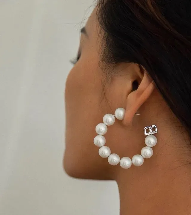 White Silver Pearl Bead Hoop Design Earrings 9