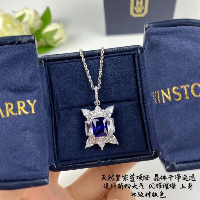Winston Blue Silver Starburst Floral Motif Cushion-Cut Central Stone Necklace 8
