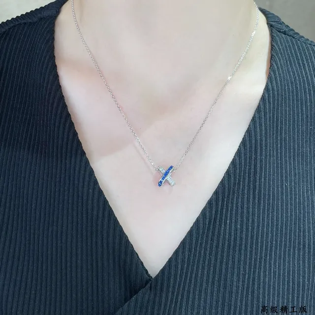 X-Shaped Pavé and Blue Stone Pendant Necklace 9