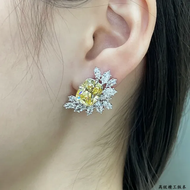 Yellow Cushion-Cut Gemstone Floral Cluster Stud Earrings 9