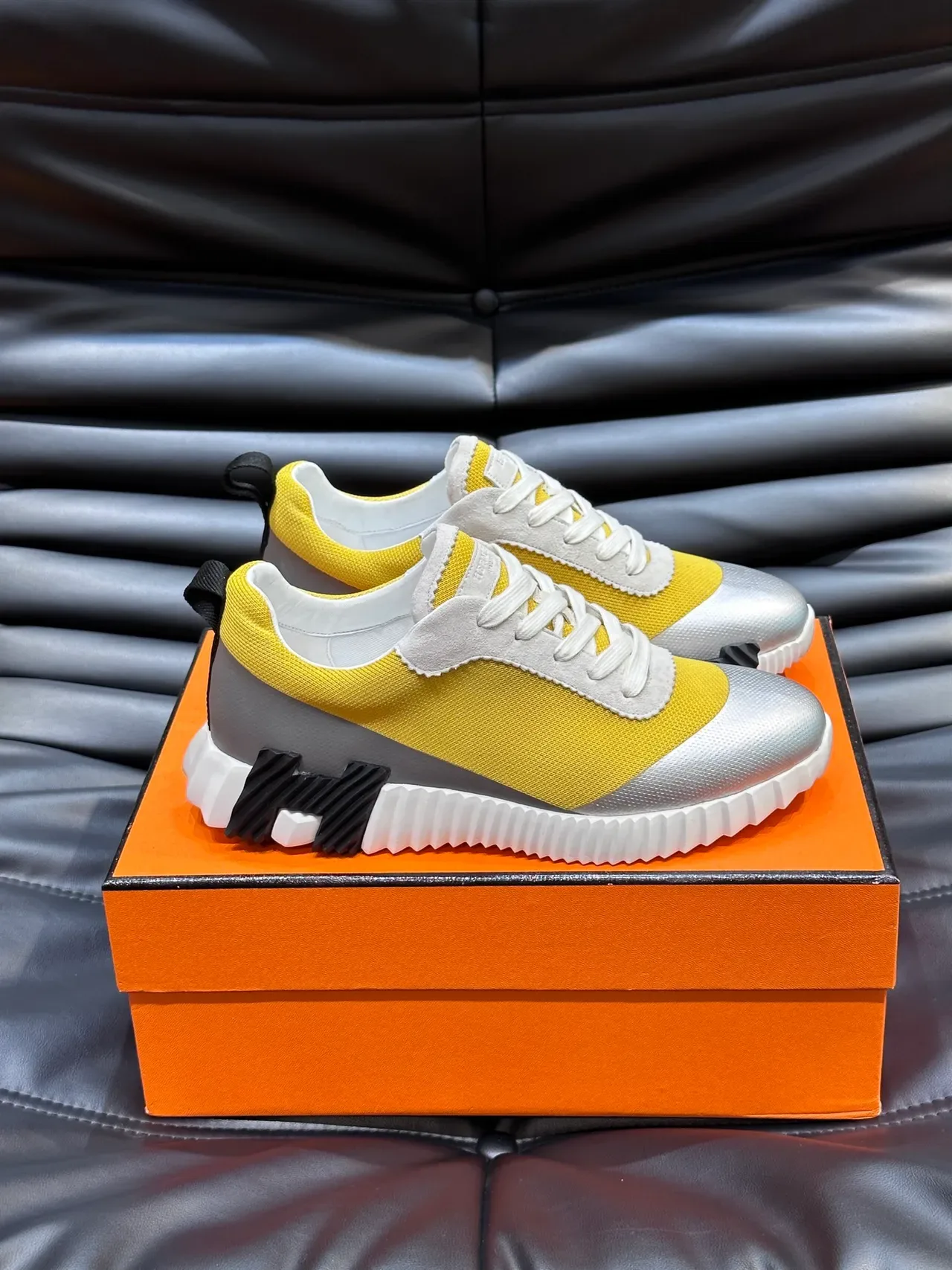 Yellow Silver Color-Blocked Knit And Suede Upper Sculpted Ridged Midsole Sneakers 1