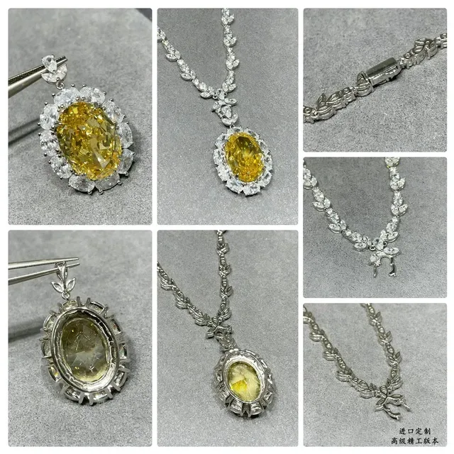 Yellow Silver Leaf-Motif Chain Oval-Cut Gemstone Necklace 2