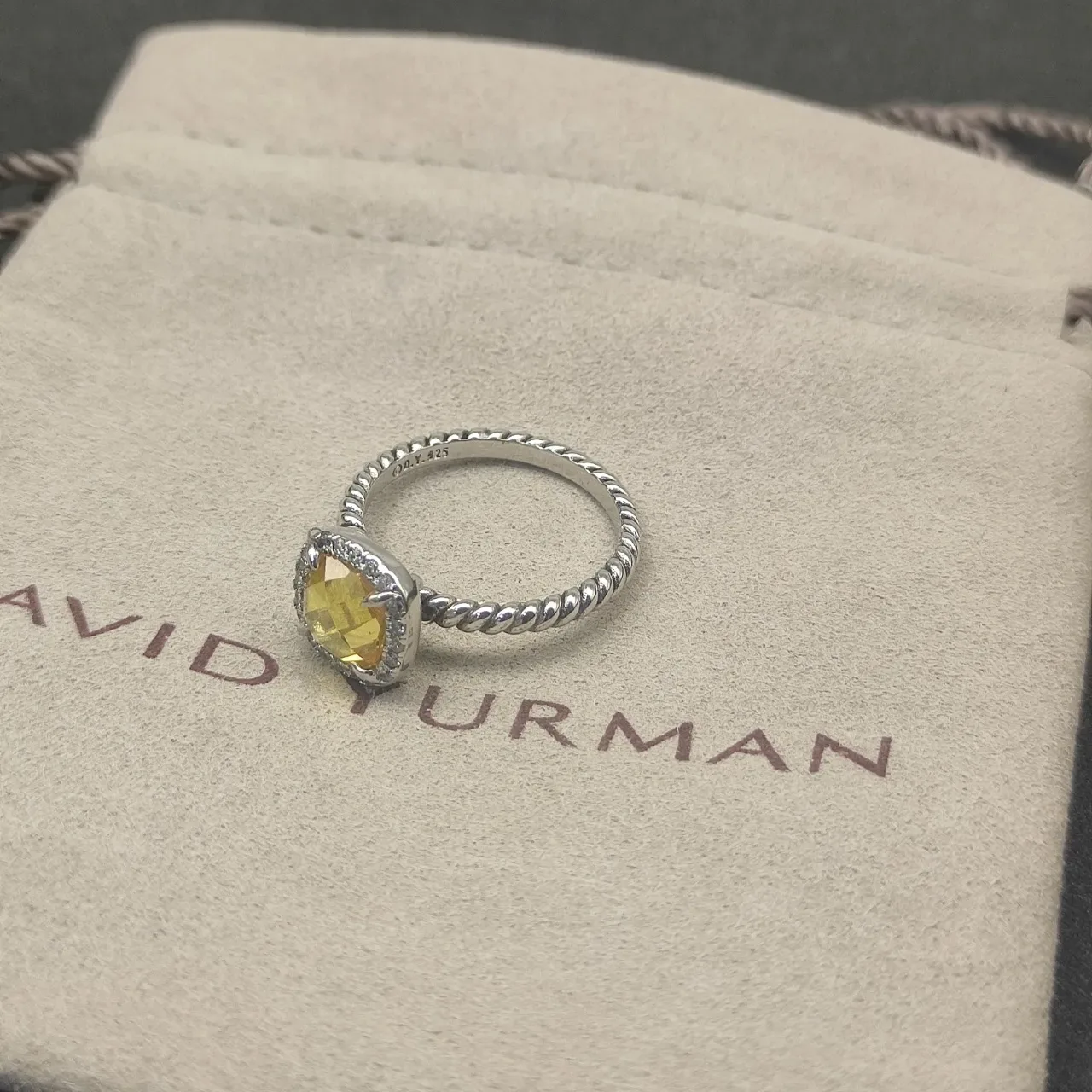 Yellow Silver Twisted Rope Band Cushion-Cut Central Stone Ring 4