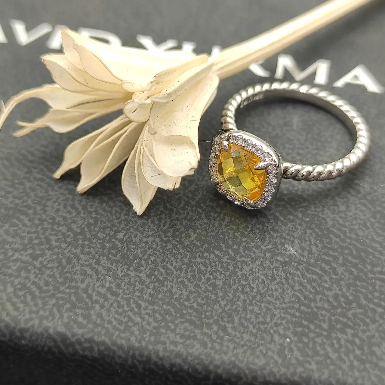 Yellow Silver Twisted Rope Band Cushion-Cut Central Stone Ring 5