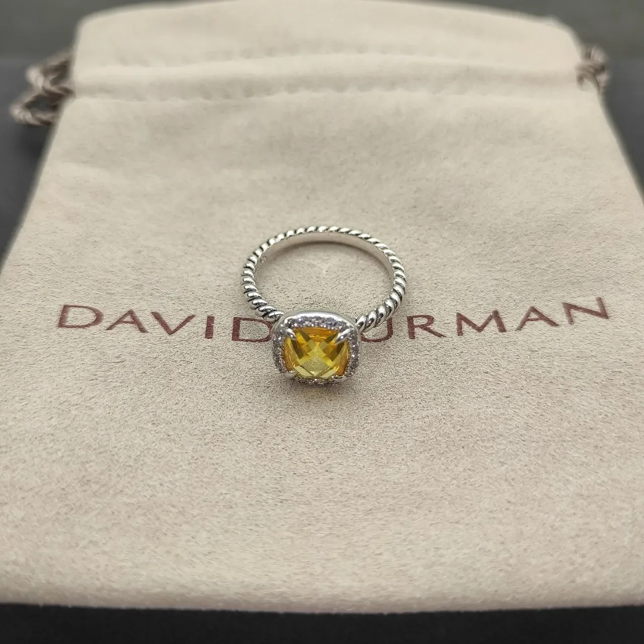 Yellow Silver Twisted Rope Band Cushion-Cut Central Stone Ring 7