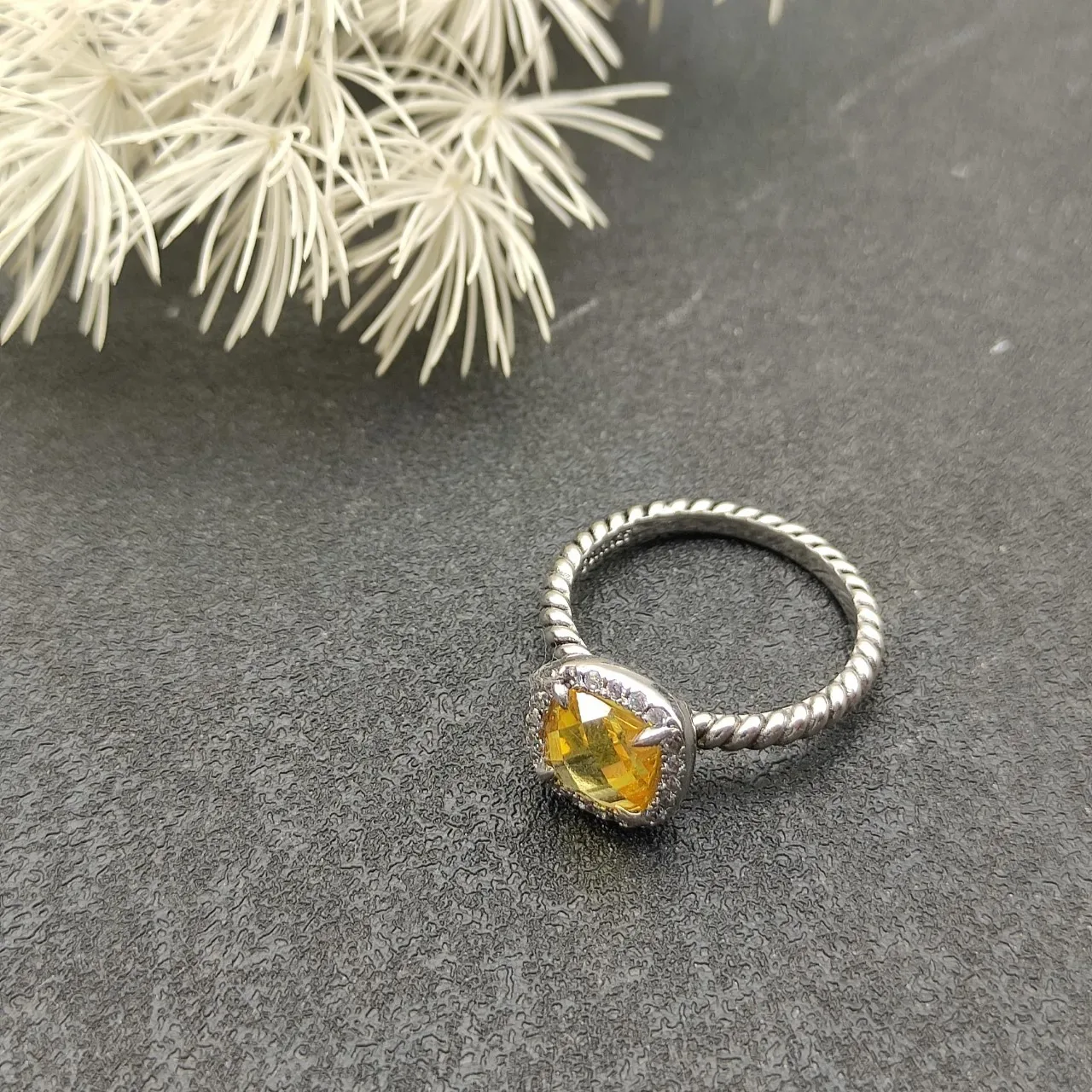 Yellow Silver Twisted Rope Band Cushion-Cut Central Stone Ring 9