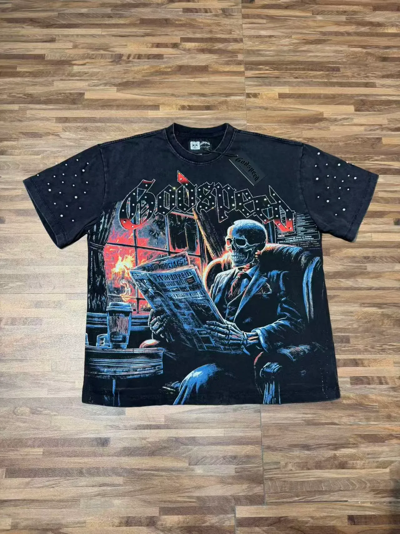 Godspeed Graphic-Print Studded Sleeves Distressed Black T-Shirt 2