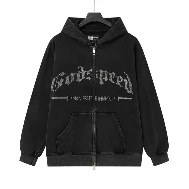 Godspeed Manifeste Einmmxiii Hoodie à Capuche Noir Lavé Embellished avec Rhinestones 3