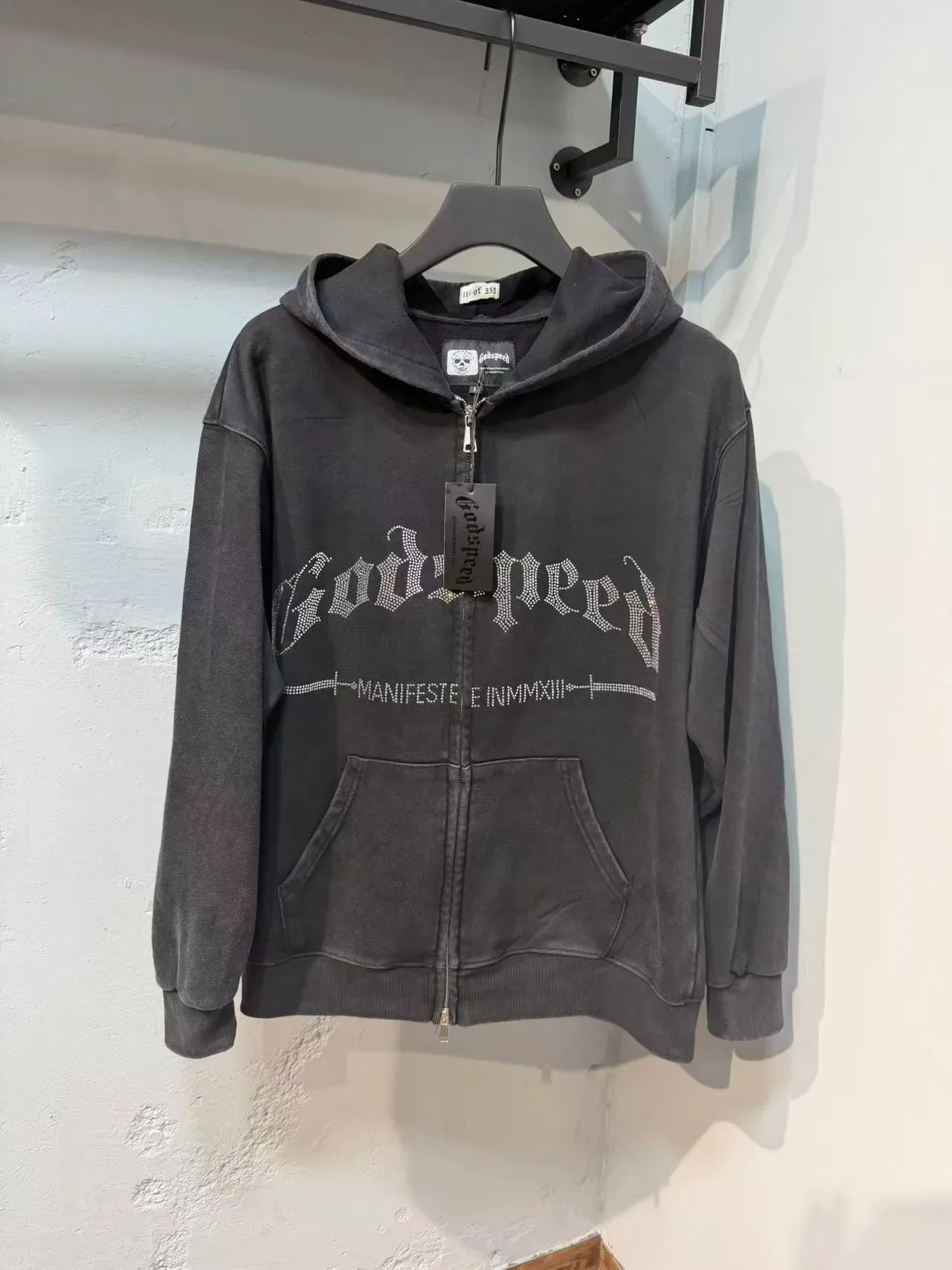 Godspeed Manifeste Einmmxiii Hoodie à Capuche Noir Lavé Embellished avec Rhinestones 5