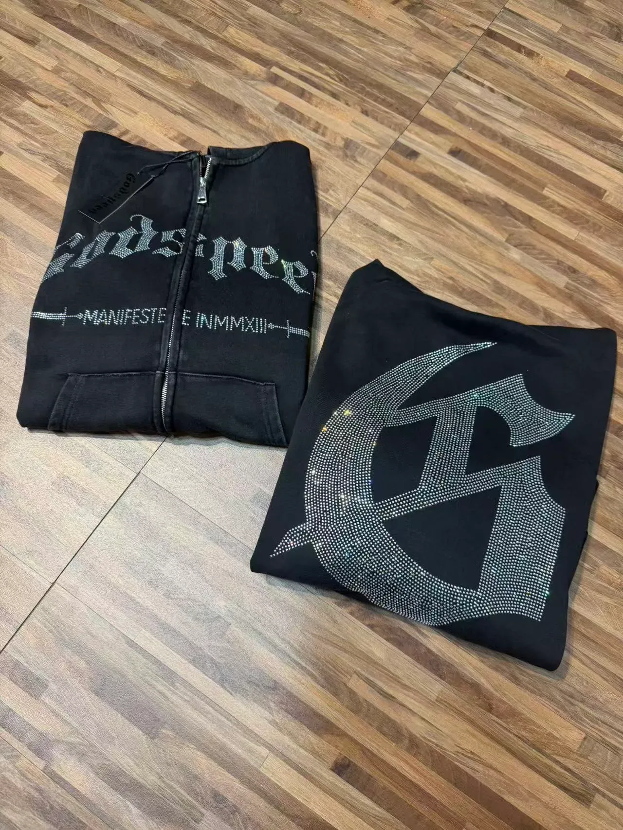 Godspeed Manifeste Einmmxiii Hoodie à Capuche Noir Lavé Embellished avec Rhinestones 7