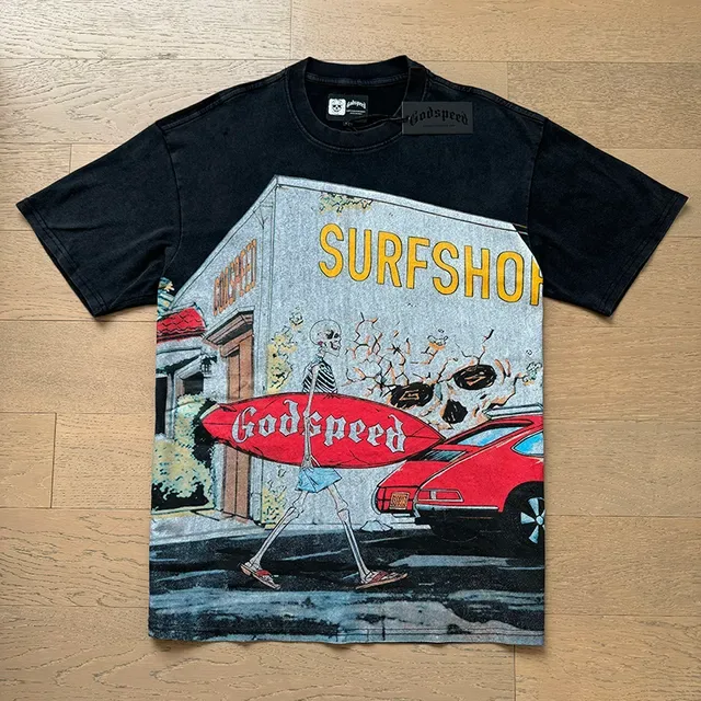 Godspeed Surfshop स्केलेटन ग्राफिक काली टी-शर्ट 5