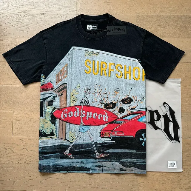 Godspeed Surfshop स्केलेटन ग्राफिक काली टी-शर्ट 6