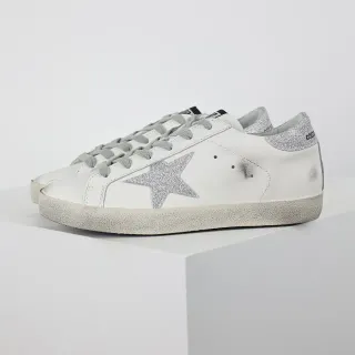 Golden Goose Superstar Distressed White Leather Glitter Star Lifestyle Sneakers