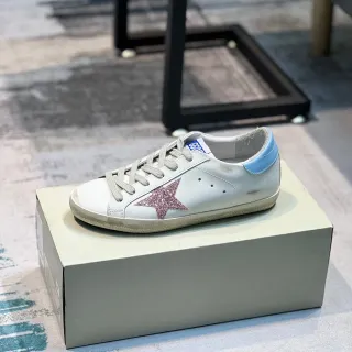 Golden Goose Superstar White Blue Distressed Leather Glitter Star Appliqué Lifestyle Sneakers