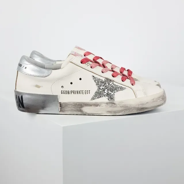 Golden Goose Branco Rosa Couro Distressed Estrela Glitter Appliqué Sneakers Lifestyle 3