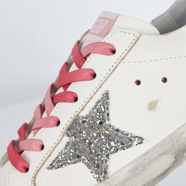 Golden Goose Branco Rosa Couro Distressed Estrela Glitter Appliqué Sneakers Lifestyle 6