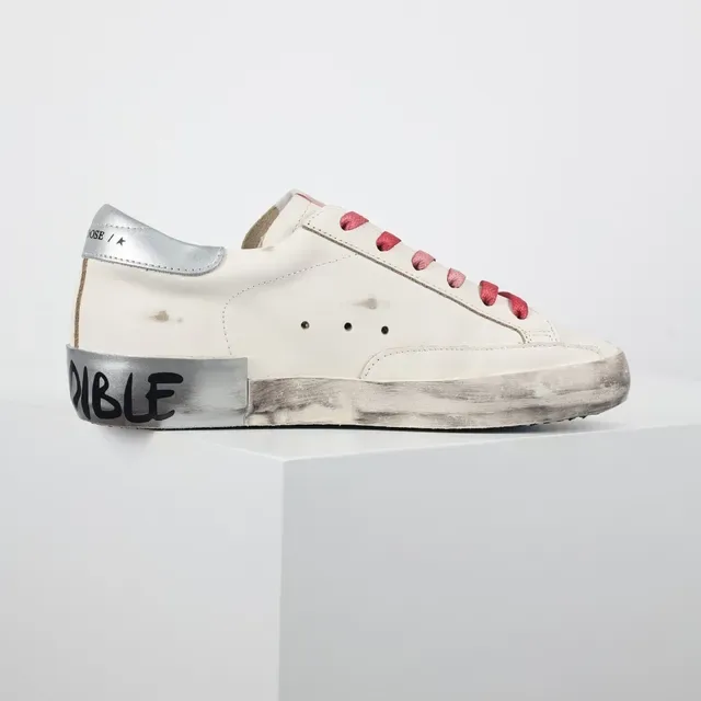 Golden Goose Branco Rosa Couro Distressed Estrela Glitter Appliqué Sneakers Lifestyle 7