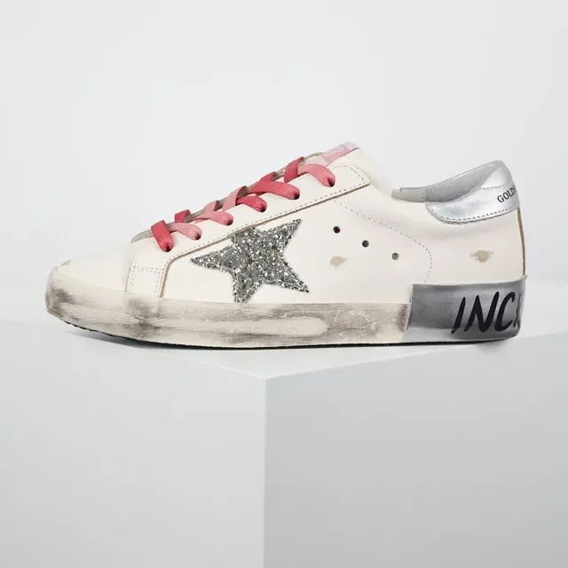 Golden Goose Branco Rosa Couro Distressed Estrela Glitter Appliqué Sneakers Lifestyle 9