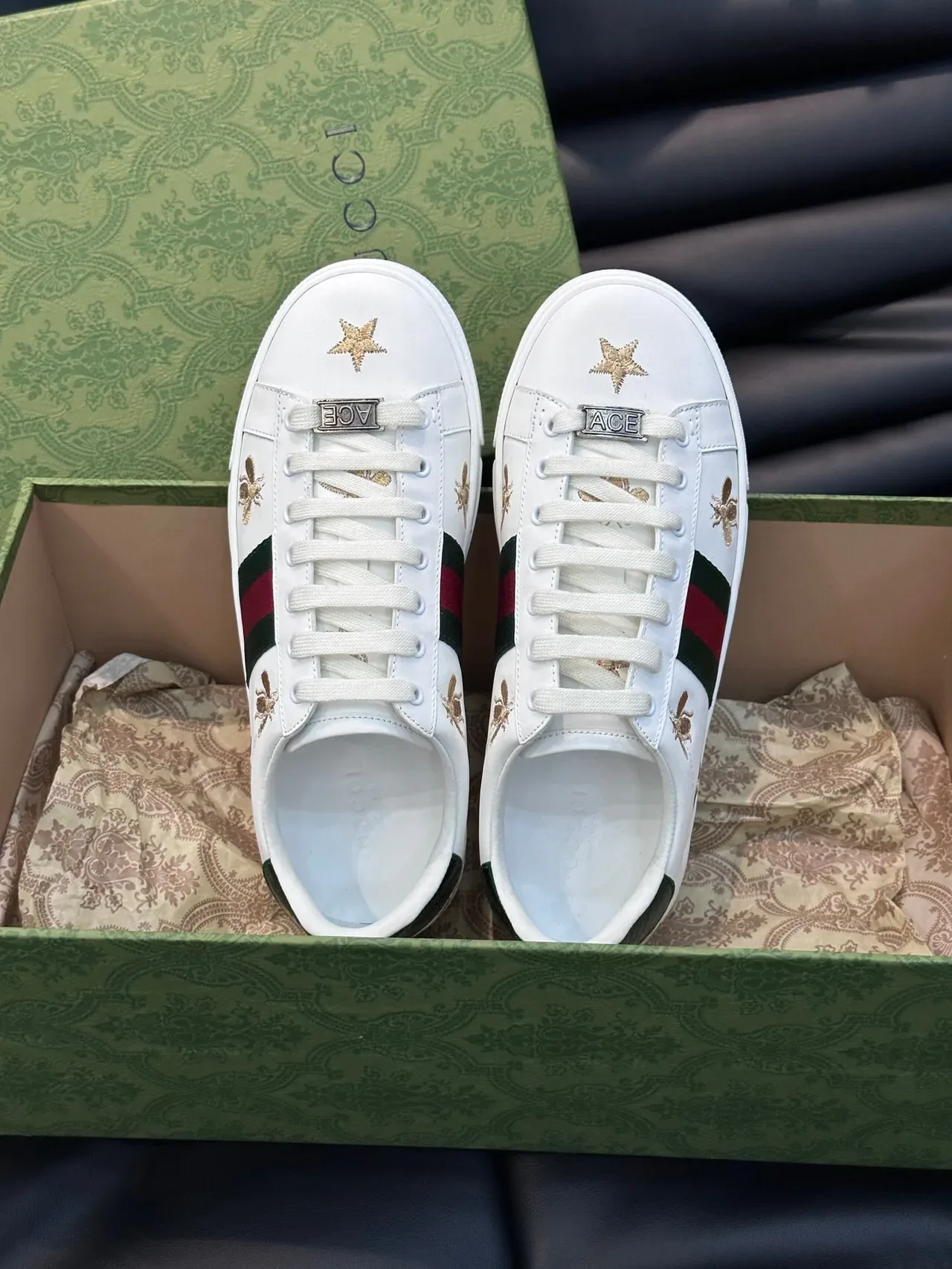 Gucci Ace Bee and Star Embroidered White Lifestyle Sneakers 4