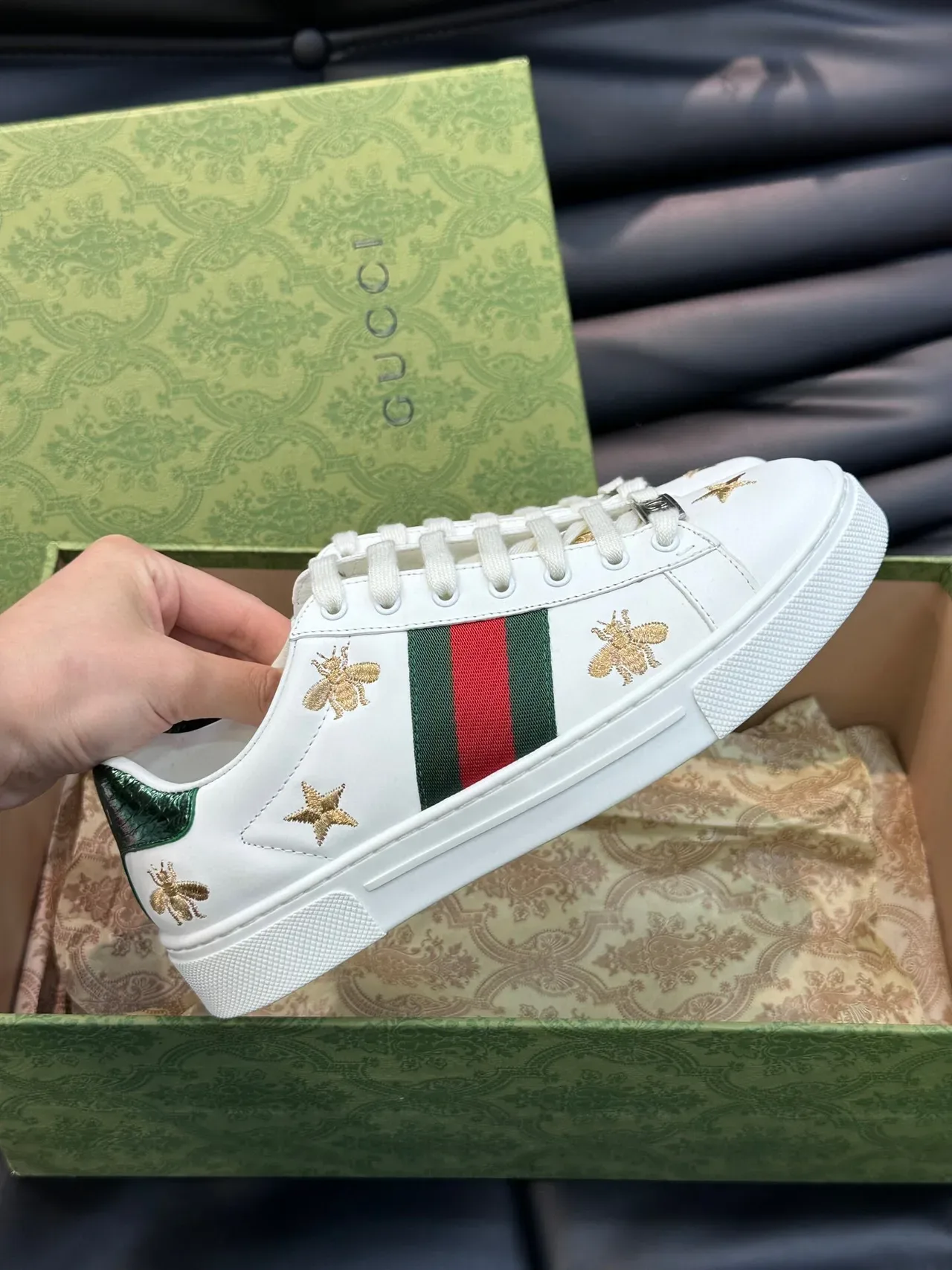 Gucci Ace Bee and Star Embroidered White Lifestyle Sneakers 5