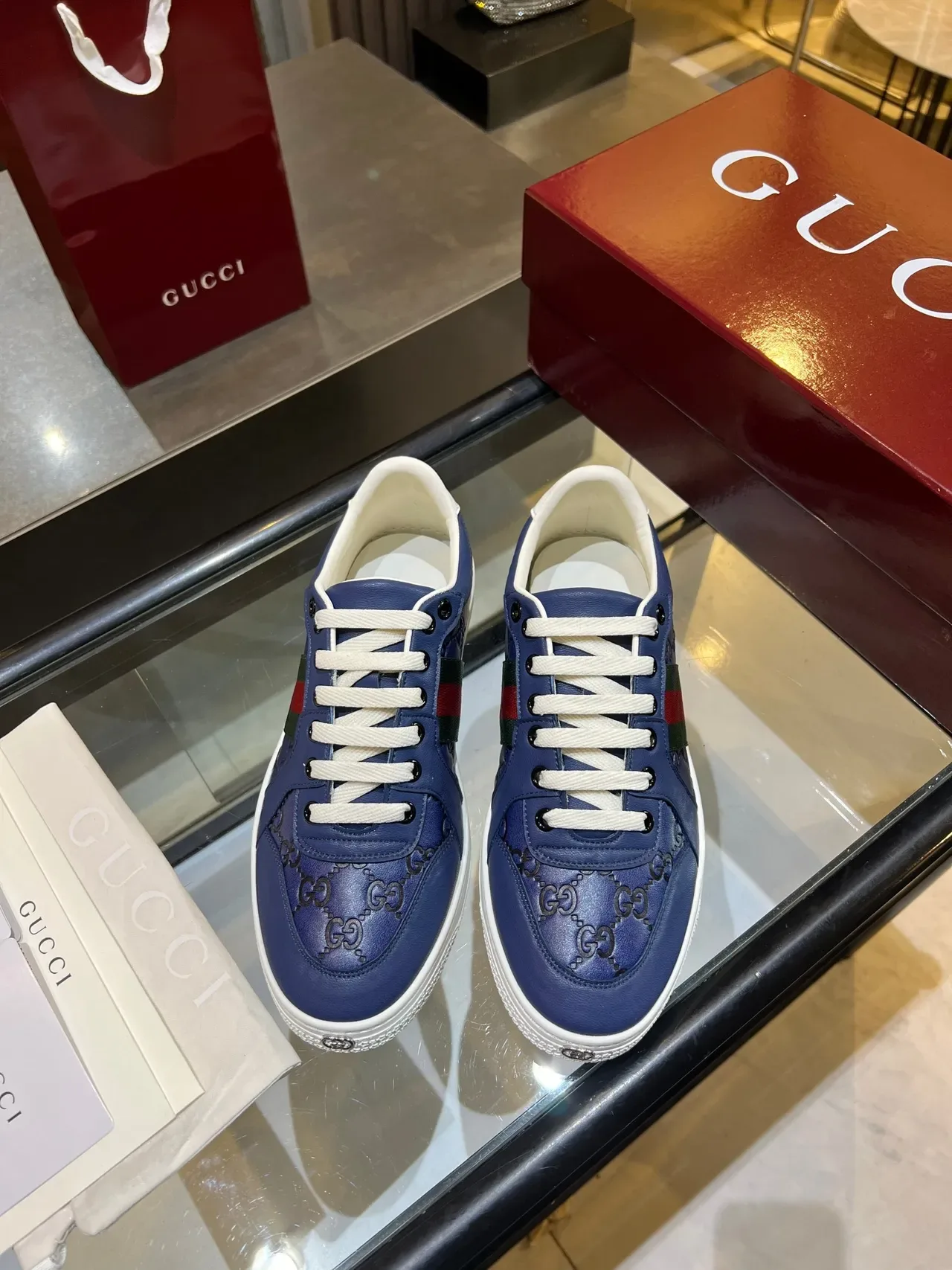 Gucci Ace Blue GG Monogram Web Stripe Lifestyle Sneakers 3
