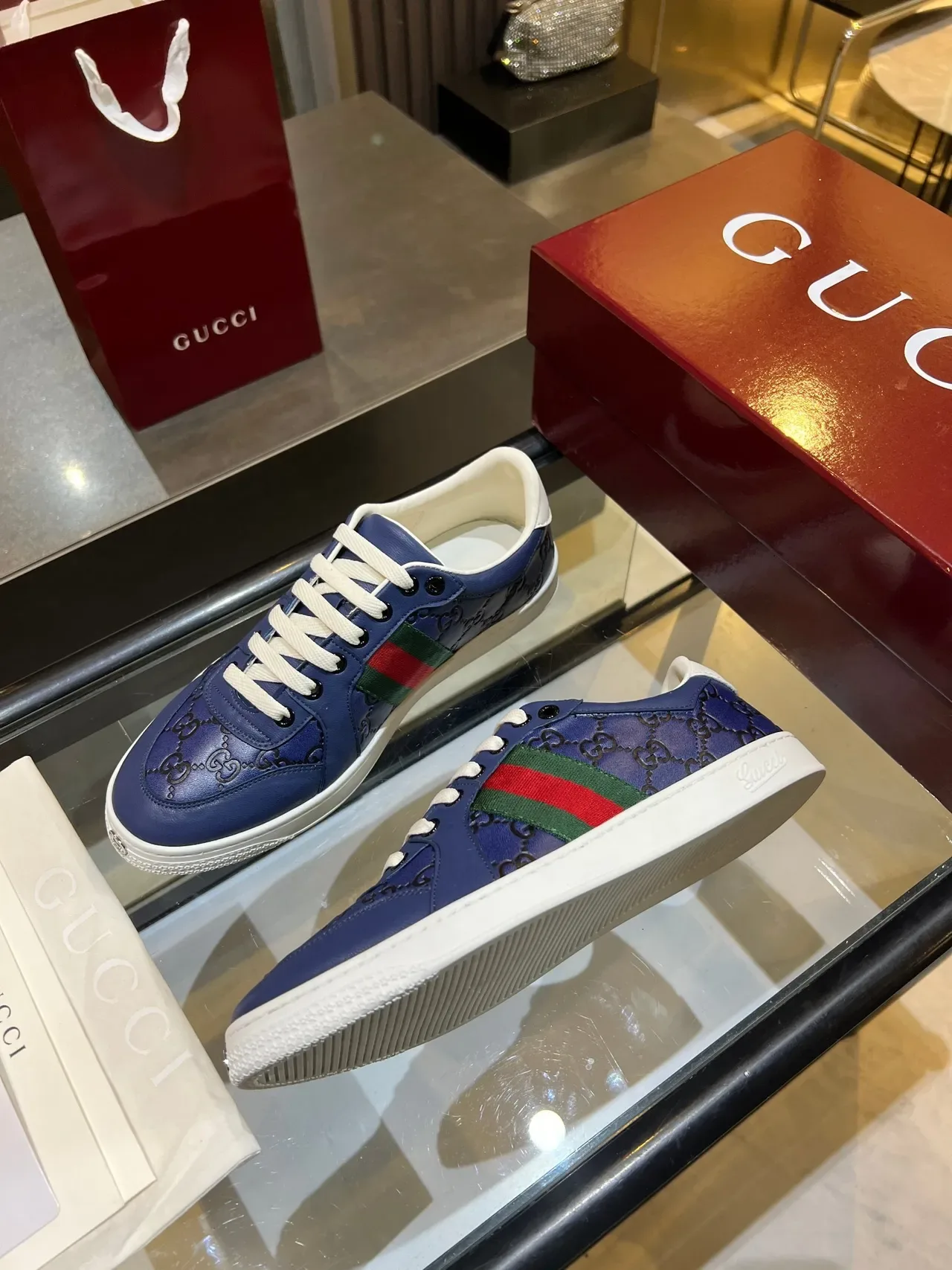 Gucci Ace Blue GG Monogram Web Stripe Lifestyle Sneakers 4