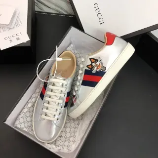 Gucci Ace Embroidered Cat Metallic Silver Lifestyle Sneakers