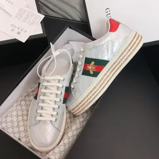 Gucci Ace Silver Red Quilted Metallic Upper Crystal-Embellished Platform Sole Lifestyle Sneakers